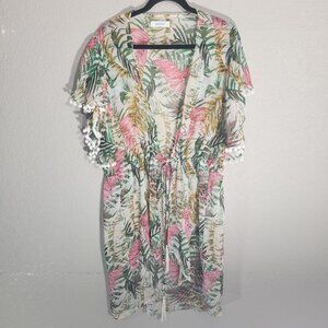 Nine West Sheer Kimono Cardigan Tropical Print Pom-Pom Cover-Up Drawstring O/S